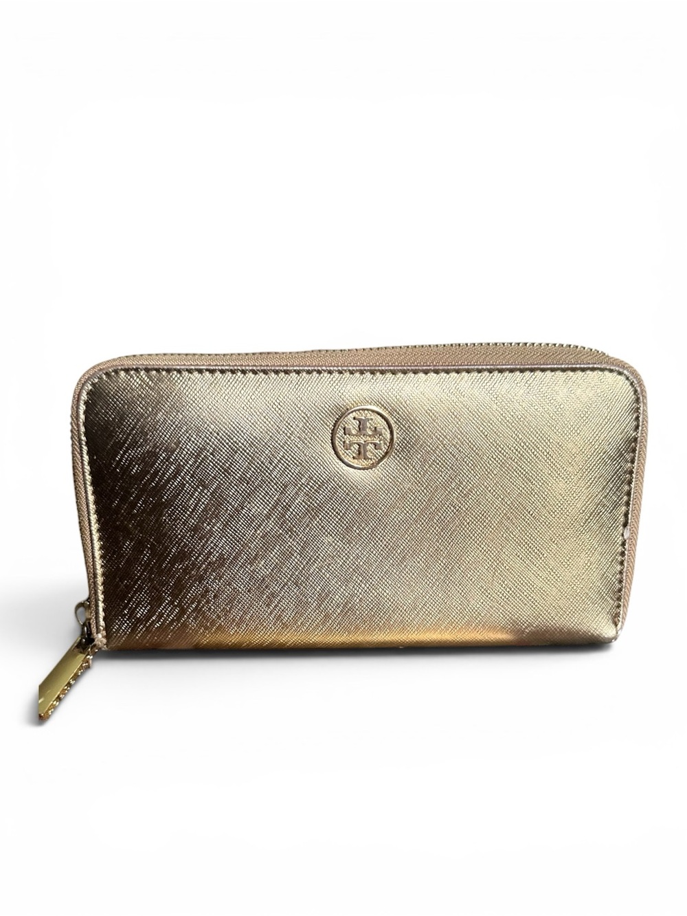 Tory Burch Metallic Gold Leather Zip Wallet Project Piece AS IS